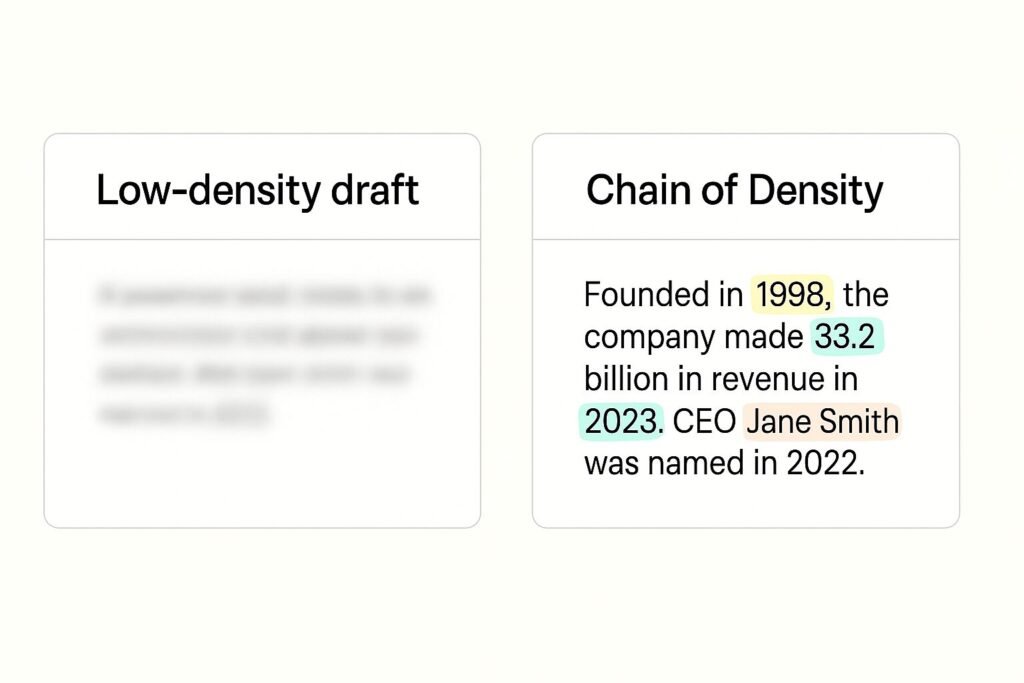 Before and after example showing added specific entities using Chain of Density