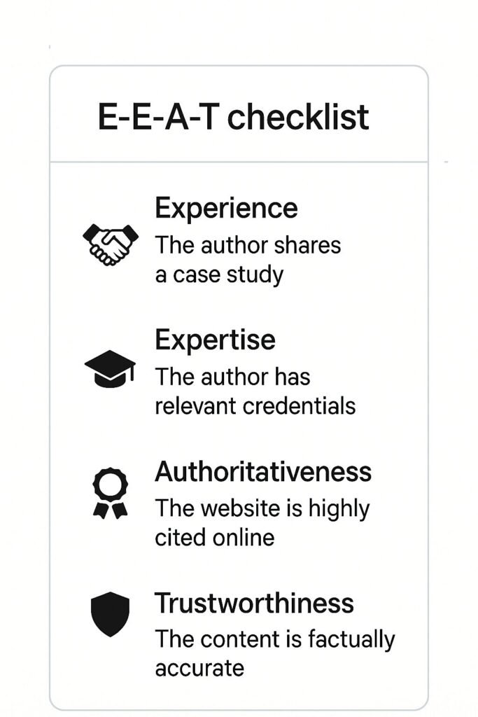 E-E-A-T checklist graphic with icons for experience, expertise, authority, trust.