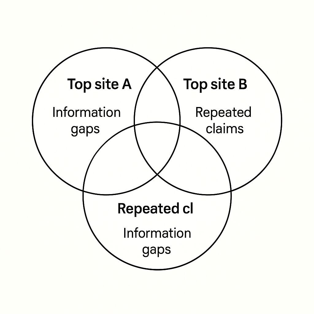 Venn diagram showing overlapping claims and information gaps among top sources