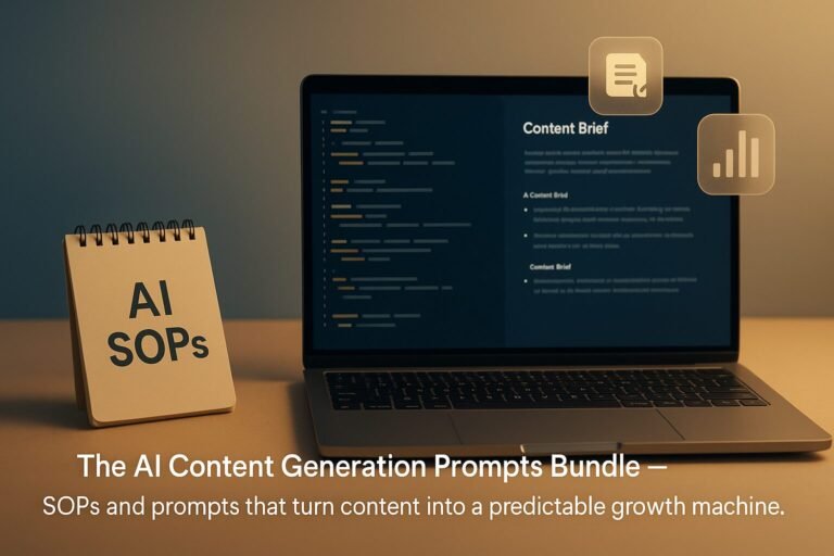 Laptop and notepad showing AI content SOPs, icons for search and analytics