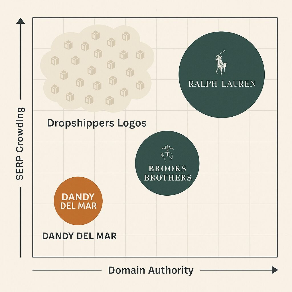Competitive landscape showing Dandy Del Mar versus legacy brands and dropshippers.