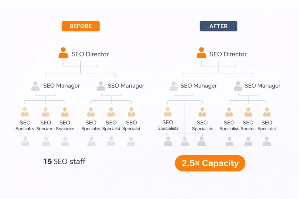 Before and after SEO team structure with AI workforce integration
