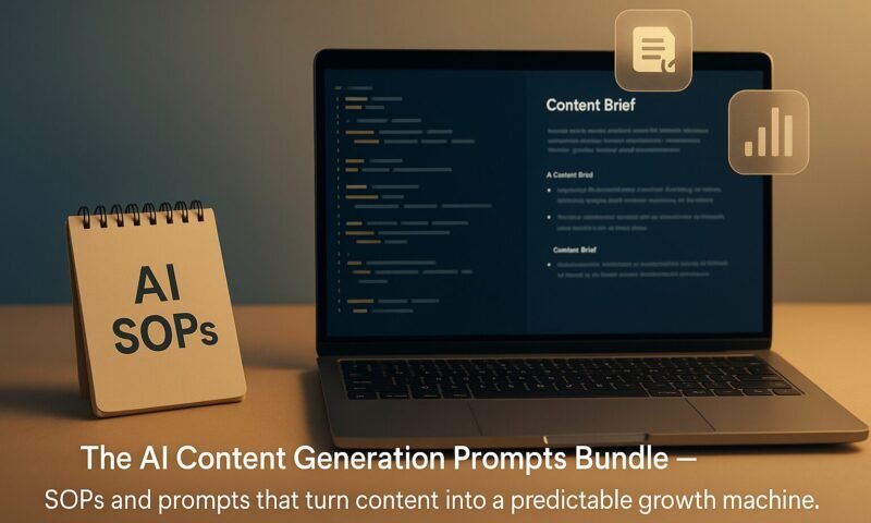 Laptop and notepad showing AI content SOPs, icons for search and analytics